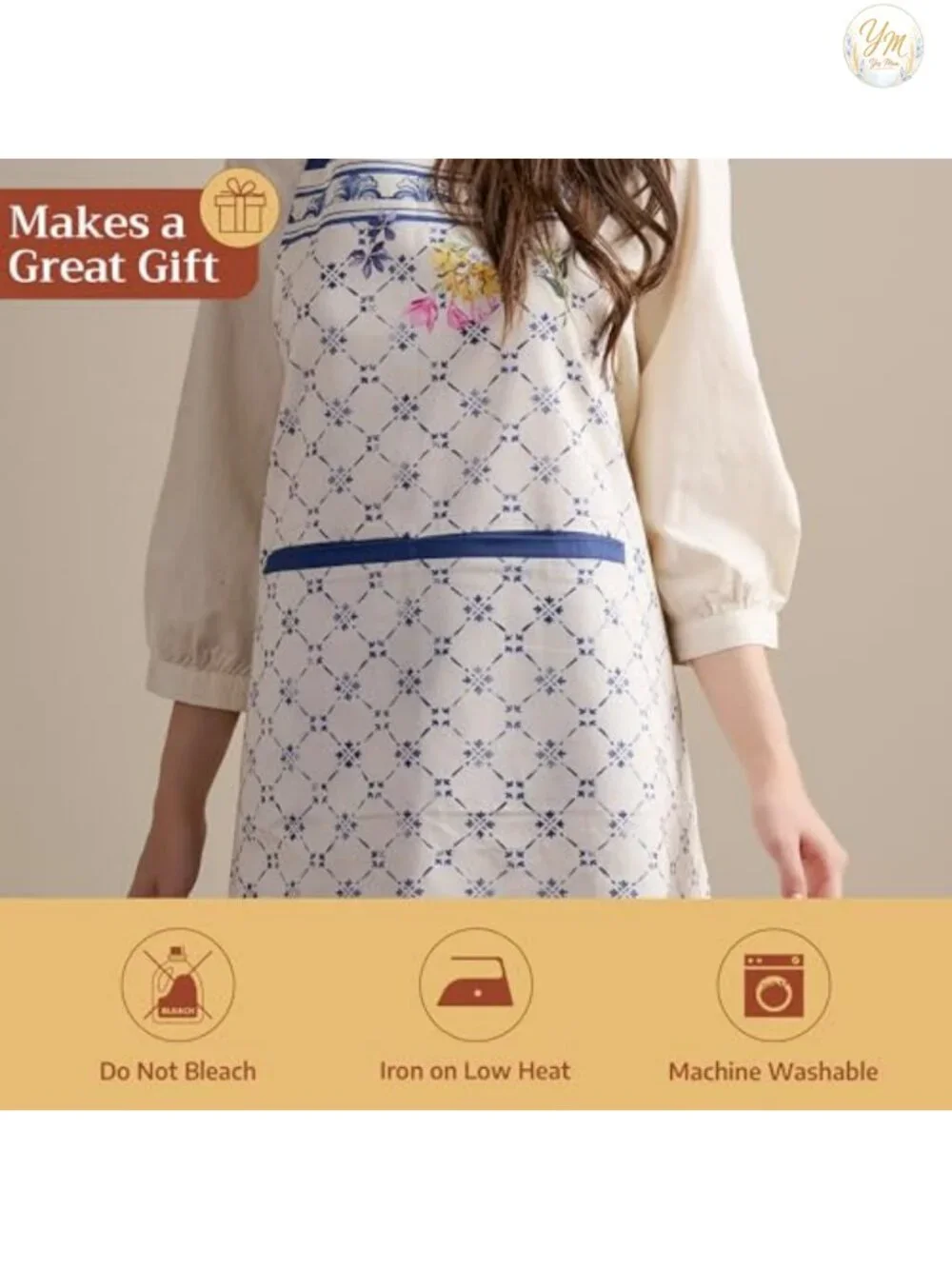 100% Cotton Bib Apron w/ Adjustable Neck & Pocket - Cooking, Gardening, Server